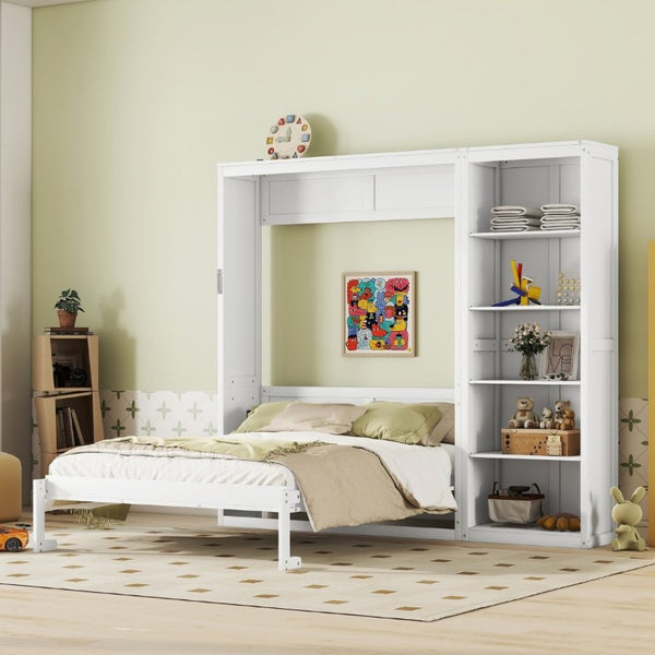 English Elm Queen Murphy Wall Bed with Five Shelf Storage Cabinet in White MDF for Guest Rooms LP000697AAK-3