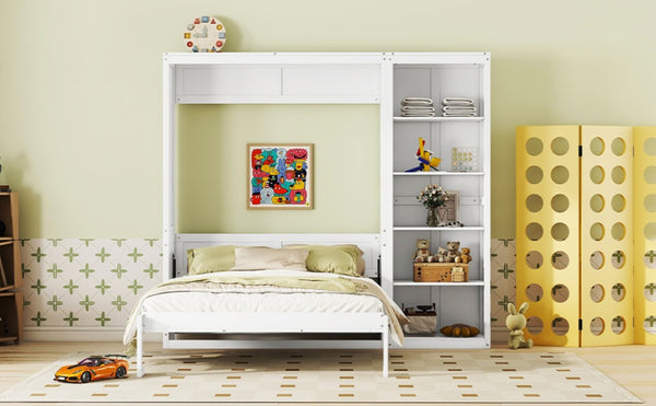 English Elm Queen Murphy Wall Bed with Five Shelf Storage Cabinet in White MDF for Guest Rooms LP000697AAK-3