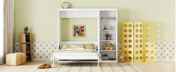 English Elm Queen Murphy Wall Bed with Five Shelf Storage Cabinet in White MDF for Guest Rooms LP000697AAK-3