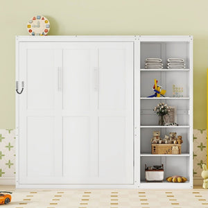 English Elm Queen Murphy Wall Bed with Five Shelf Storage Cabinet in White MDF for Guest Rooms LP000697AAK-3