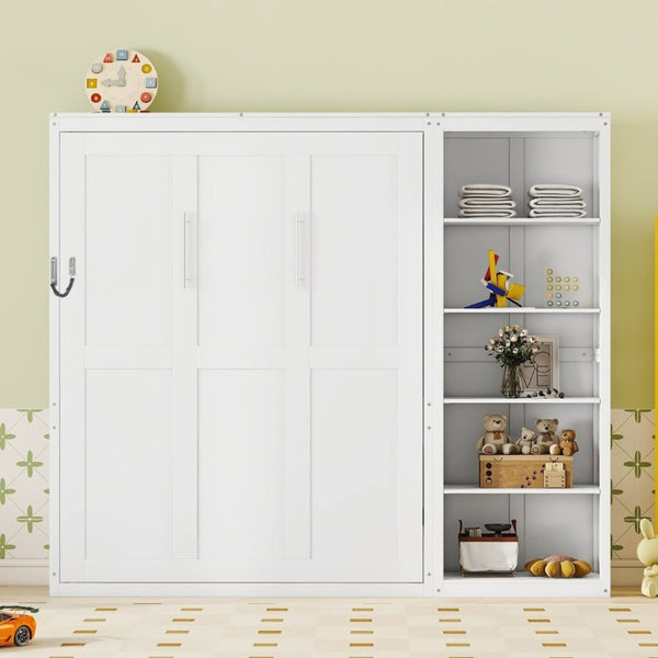 English Elm Queen Murphy Wall Bed with Five Shelf Storage Cabinet in White MDF for Guest Rooms LP000697AAK-3