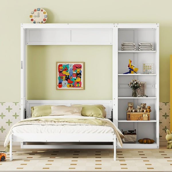 English Elm Queen Murphy Wall Bed with Five Shelf Storage Cabinet in White MDF for Guest Rooms LP000697AAK-3