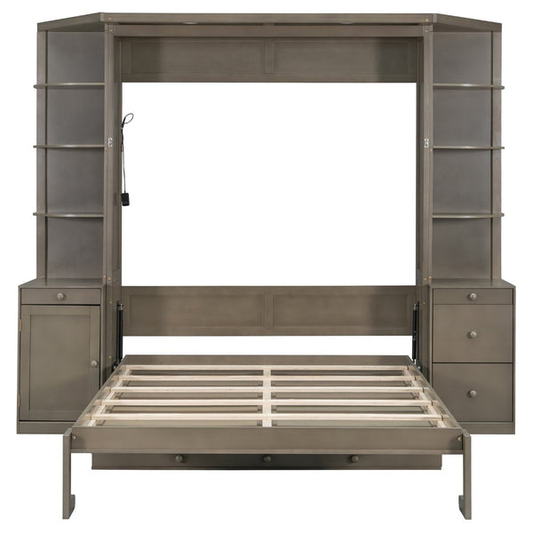 English Elm Queen Murphy Wall Bed with Integrated Desk Side Shelves Cabinet for Home Office Gray LP000739AAE-1
