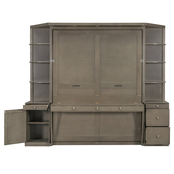 English Elm Queen Murphy Wall Bed with Integrated Desk Side Shelves Cabinet for Home Office Gray LP000739AAE-1