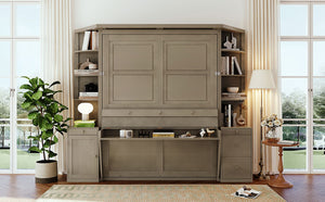 English Elm Queen Murphy Wall Bed with Integrated Desk Side Shelves Cabinet for Home Office Gray LP000739AAE-1