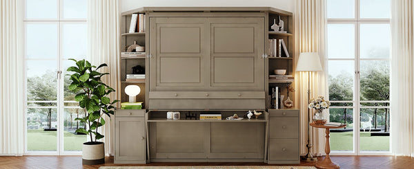English Elm Queen Murphy Wall Bed with Integrated Desk Side Shelves Cabinet for Home Office Gray LP000739AAE-1