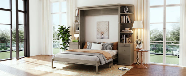 English Elm Queen Murphy Wall Bed with Integrated Desk Side Shelves Cabinet for Home Office Gray LP000739AAE-1
