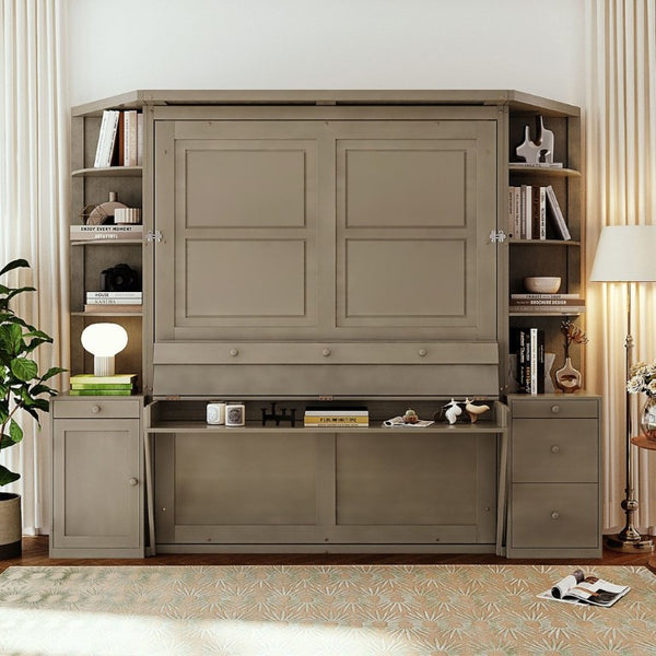 English Elm Queen Murphy Bed with Integrated Desk Side Cabinets and Shelves for Home Office Gray LP000739AAE-2