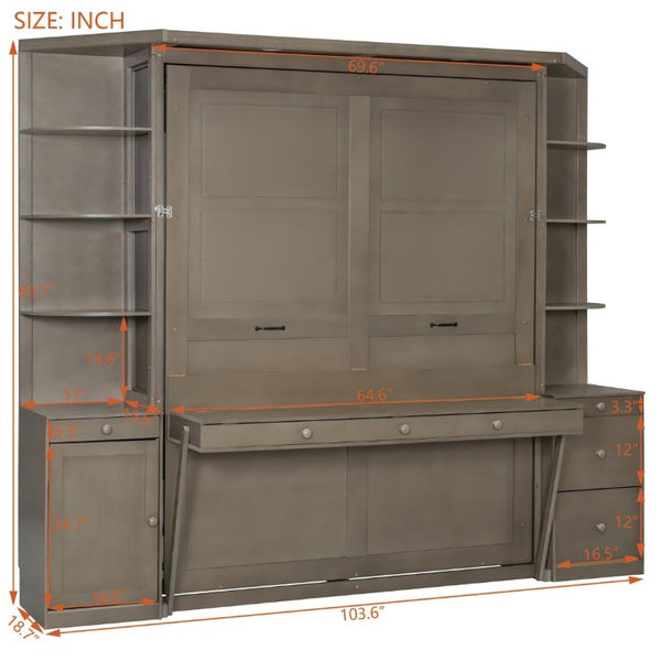 English Elm Queen Murphy Bed with Integrated Desk Side Cabinets and Shelves for Home Office Gray LP000739AAE-2