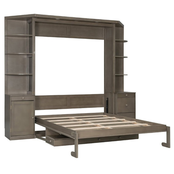 English Elm Queen Murphy Bed with Integrated Desk Side Cabinets and Shelves for Home Office Gray LP000739AAE-2
