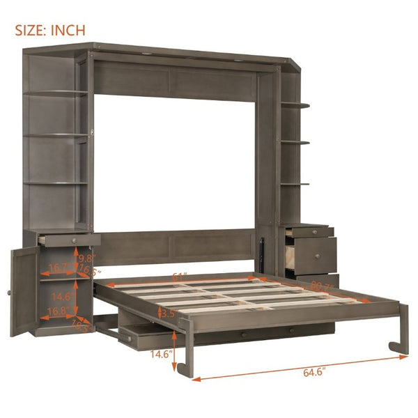 English Elm Queen Murphy Bed with Integrated Desk Side Cabinets and Shelves for Home Office Gray LP000739AAE-2