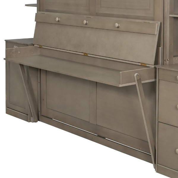 English Elm Queen Murphy Bed with Integrated Desk Side Cabinets and Shelves for Home Office Gray LP000739AAE-2