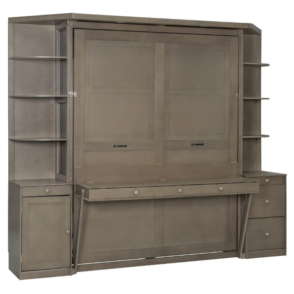 English Elm Queen Murphy Bed with Integrated Desk Side Cabinets and Shelves for Home Office Gray LP000739AAE-2