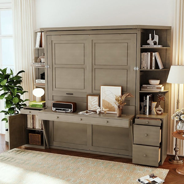 English Elm Queen Murphy Bed with Integrated Desk Side Cabinets and Shelves for Home Office Gray LP000739AAE-2