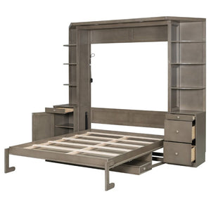 English Elm Queen Murphy Bed with Integrated Desk Side Cabinets and Shelves for Home Office Gray LP000739AAE-2
