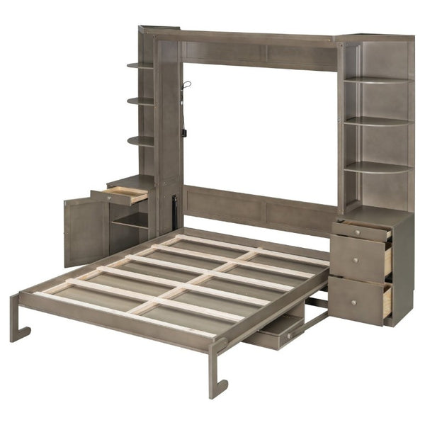 English Elm Queen Murphy Bed with Integrated Desk Side Cabinets and Shelves for Home Office Gray LP000739AAE-2
