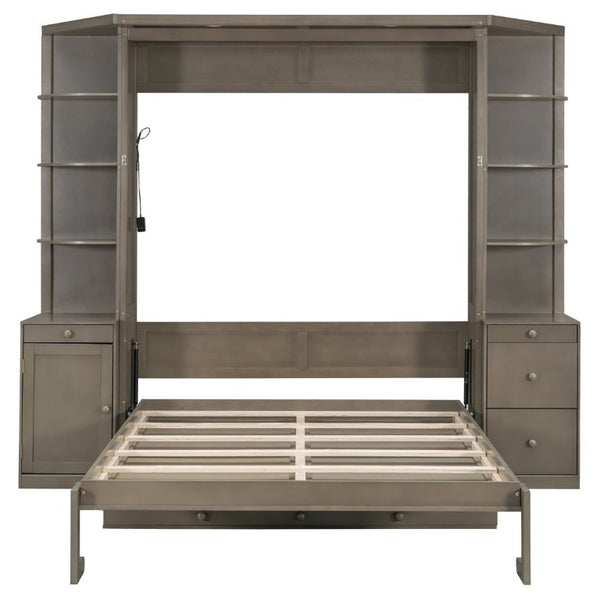 English Elm Queen Murphy Bed with Integrated Desk Side Cabinets and Shelves for Home Office Gray LP000739AAE-2