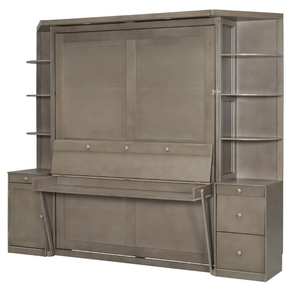 English Elm Queen Murphy Bed with Integrated Desk Side Cabinets and Shelves for Home Office Gray LP000739AAE-2
