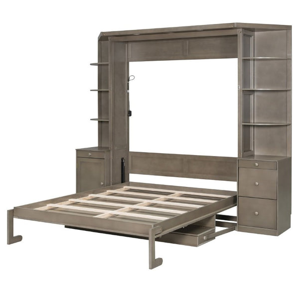 English Elm Queen Murphy Bed with Integrated Desk Side Cabinets and Shelves for Home Office Gray LP000739AAE-2