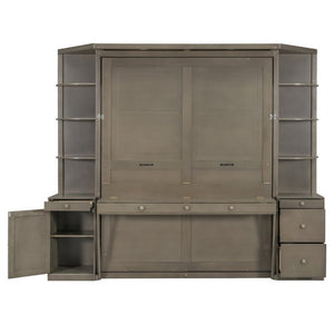 English Elm Queen Murphy Bed with Integrated Desk Side Cabinets and Shelves for Home Office Gray LP000739AAE-2