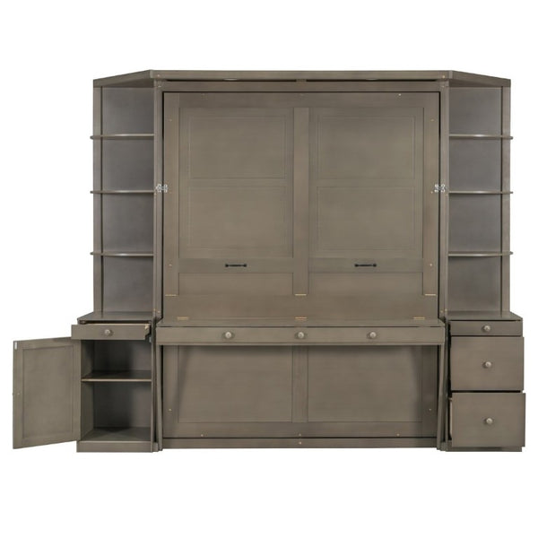 English Elm Queen Murphy Bed with Integrated Desk Side Cabinets and Shelves for Home Office Gray LP000739AAE-2