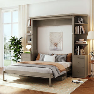English Elm Queen Murphy Bed with Integrated Desk Side Cabinets and Shelves for Home Office Gray LP000739AAE-2