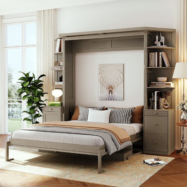 English Elm Queen Murphy Bed with Integrated Desk Side Cabinets and Shelves for Home Office Gray LP000739AAE-2