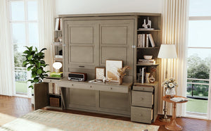 English Elm Queen Murphy Bed with Integrated Desk Side Cabinets and Shelves for Home Office Gray LP000739AAE-2