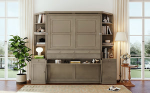 English Elm Queen Murphy Bed with Integrated Desk Side Cabinets and Shelves for Home Office Gray LP000739AAE-2