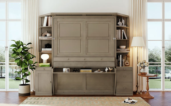 English Elm Queen Murphy Bed with Integrated Desk Side Cabinets and Shelves for Home Office Gray LP000739AAE-2