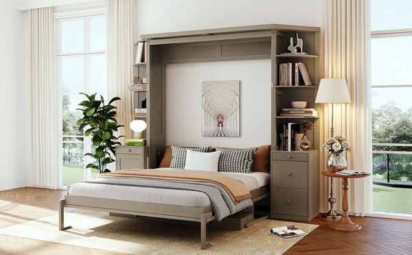 English Elm Queen Murphy Bed with Integrated Desk Side Cabinets and Shelves for Home Office Gray LP000739AAE-2