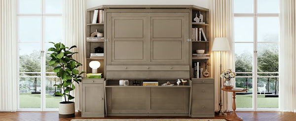 English Elm Queen Murphy Bed with Integrated Desk Side Cabinets and Shelves for Home Office Gray LP000739AAE-2