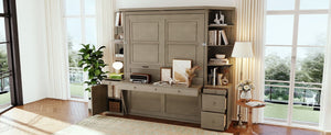 English Elm Queen Murphy Bed with Integrated Desk Side Cabinets and Shelves for Home Office Gray LP000739AAE-2