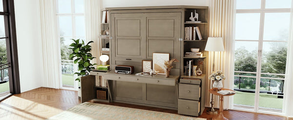English Elm Queen Murphy Bed with Integrated Desk Side Cabinets and Shelves for Home Office Gray LP000739AAE-2