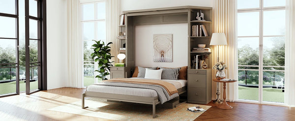 English Elm Queen Murphy Bed with Integrated Desk Side Cabinets and Shelves for Home Office Gray LP000739AAE-2
