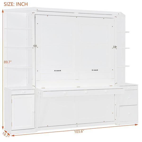 English Elm Queen Murphy Wall Bed with Integrated Desk Side Shelves Cabinet for Home Office White LP000739AAK-1