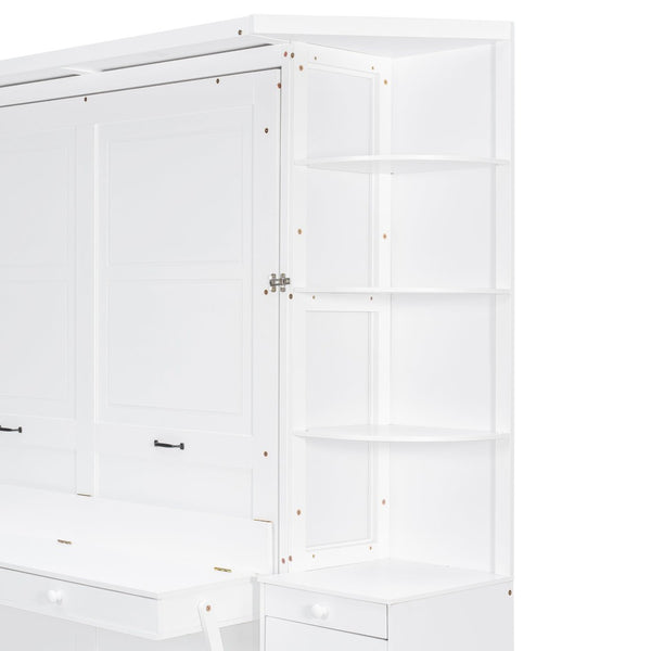 English Elm Queen Murphy Wall Bed with Integrated Desk Side Shelves Cabinet for Home Office White LP000739AAK-1