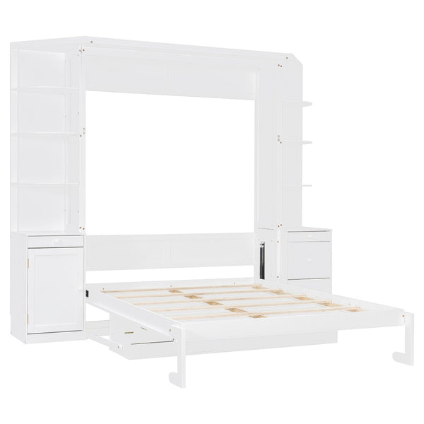 English Elm Queen Murphy Wall Bed with Integrated Desk Side Shelves Cabinet for Home Office White LP000739AAK-1