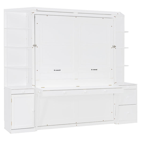 English Elm Queen Murphy Wall Bed with Integrated Desk Side Shelves Cabinet for Home Office White LP000739AAK-1