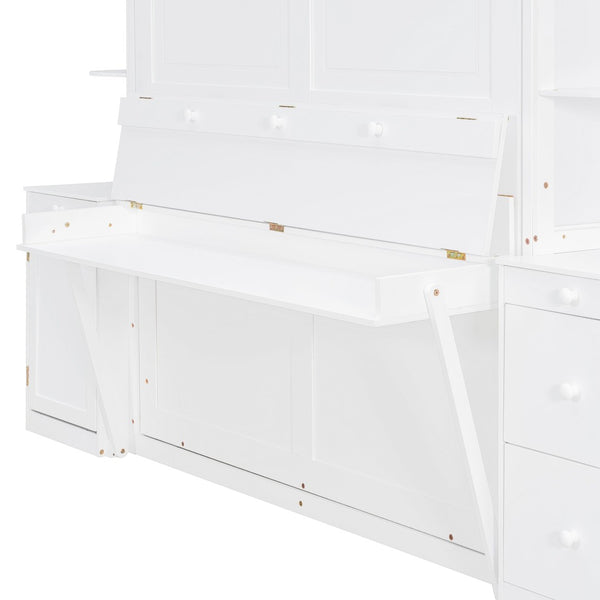 English Elm Queen Murphy Wall Bed with Integrated Desk Side Shelves Cabinet for Home Office White LP000739AAK-1