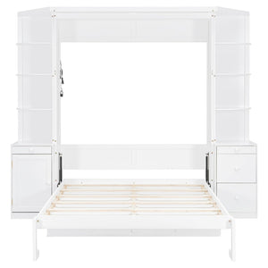 English Elm Queen Murphy Wall Bed with Integrated Desk Side Shelves Cabinet for Home Office White LP000739AAK-1