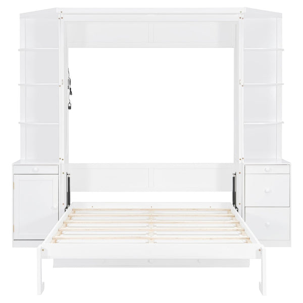 English Elm Queen Murphy Wall Bed with Integrated Desk Side Shelves Cabinet for Home Office White LP000739AAK-1