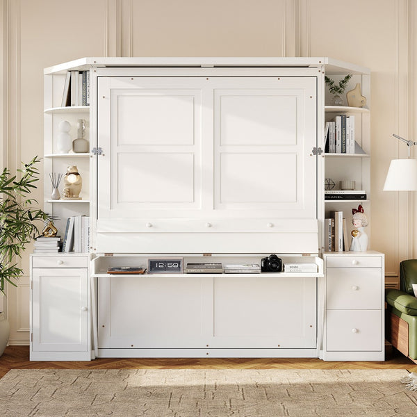 English Elm Queen Murphy Bed with Integrated Desk Side Cabinets and Shelves for Home Office White LP000739AAK-2