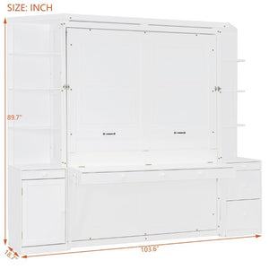 English Elm Queen Murphy Bed with Integrated Desk Side Cabinets and Shelves for Home Office White LP000739AAK-2