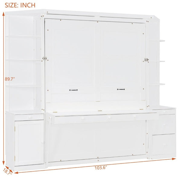 English Elm Queen Murphy Bed with Integrated Desk Side Cabinets and Shelves for Home Office White LP000739AAK-2