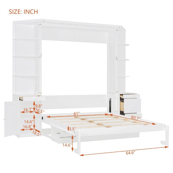 English Elm Queen Murphy Bed with Integrated Desk Side Cabinets and Shelves for Home Office White LP000739AAK-2