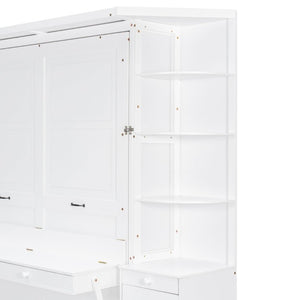English Elm Queen Murphy Bed with Integrated Desk Side Cabinets and Shelves for Home Office White LP000739AAK-2