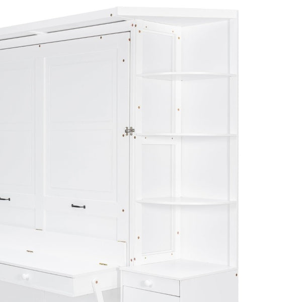English Elm Queen Murphy Bed with Integrated Desk Side Cabinets and Shelves for Home Office White LP000739AAK-2