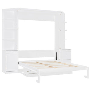 English Elm Queen Murphy Bed with Integrated Desk Side Cabinets and Shelves for Home Office White LP000739AAK-2