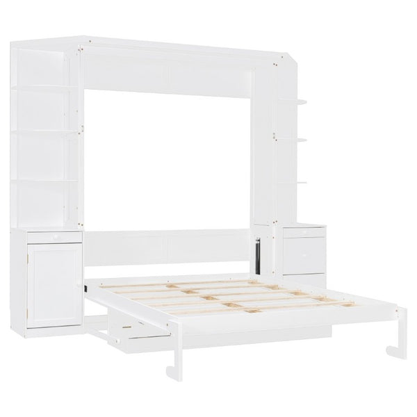 English Elm Queen Murphy Bed with Integrated Desk Side Cabinets and Shelves for Home Office White LP000739AAK-2
